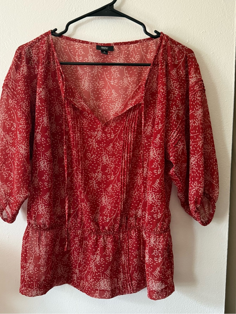 Mossimo Red Printed Peasant Blouse with White Botanical Motif